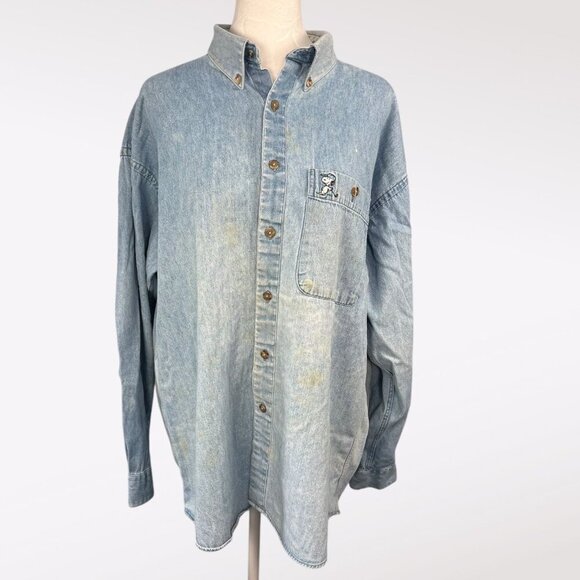 Vintage Snoopy & Friends Denim Button Up Shirt Long Sleeve 100% Cotton Large - Picture 1 of 11